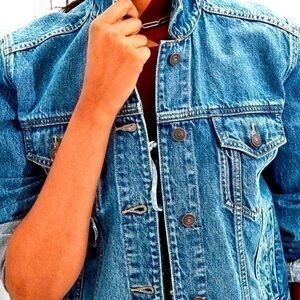 American eagle denim jacket blue jean w/ lalabobo bear back bear-ly 🐻 preloved